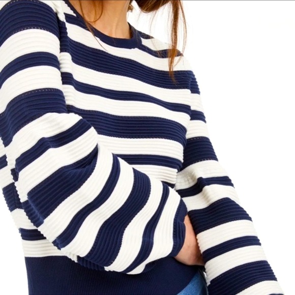 NEW INC Striped Navy Blue Balloon Sleeve Jewel Neck Sweater Rib Knit - Picture 2 of 6